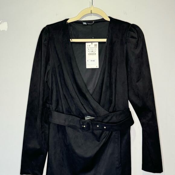 NWT Zara Blogger Favorite Faux Suede V-neck Long Sleeve Belted Mini Dress Large - Picture 4 of 14